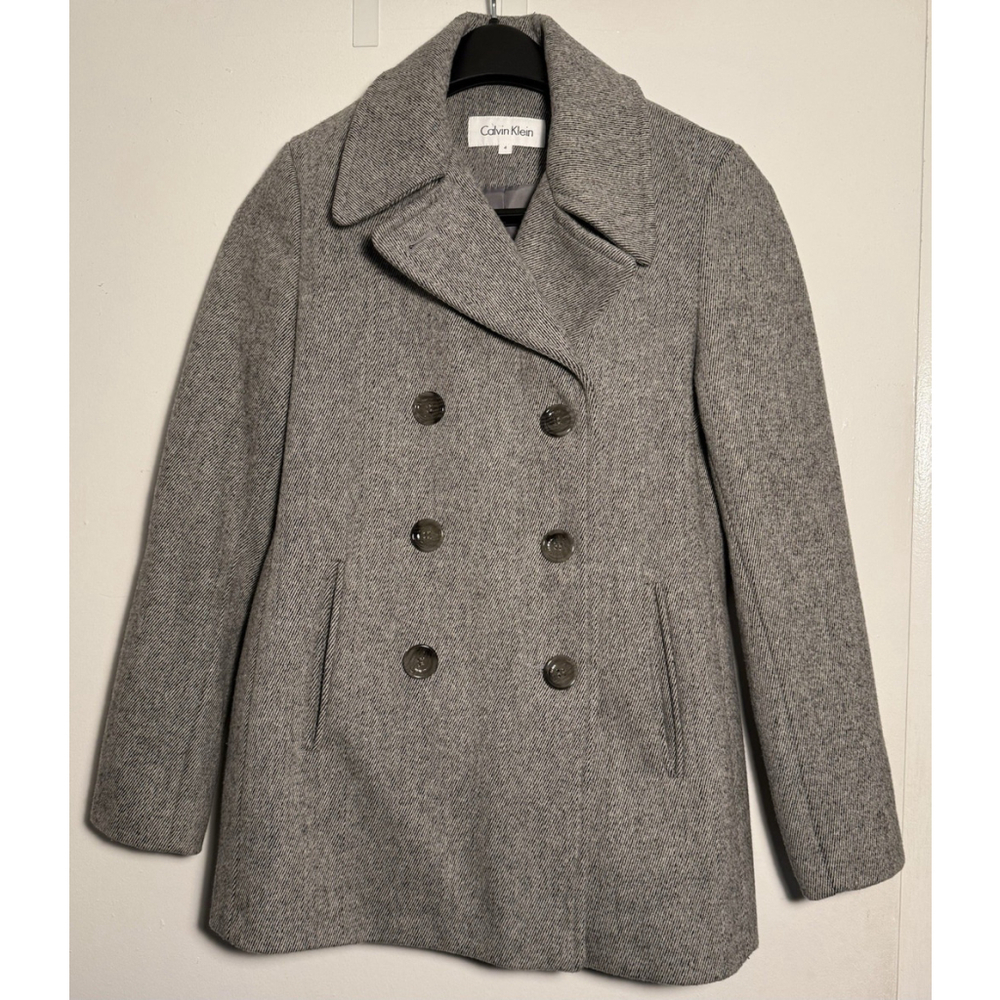 Calvin Klein Women's Gray Tweed Wool Blend Double Breasted Lined Pea Coat Size 4